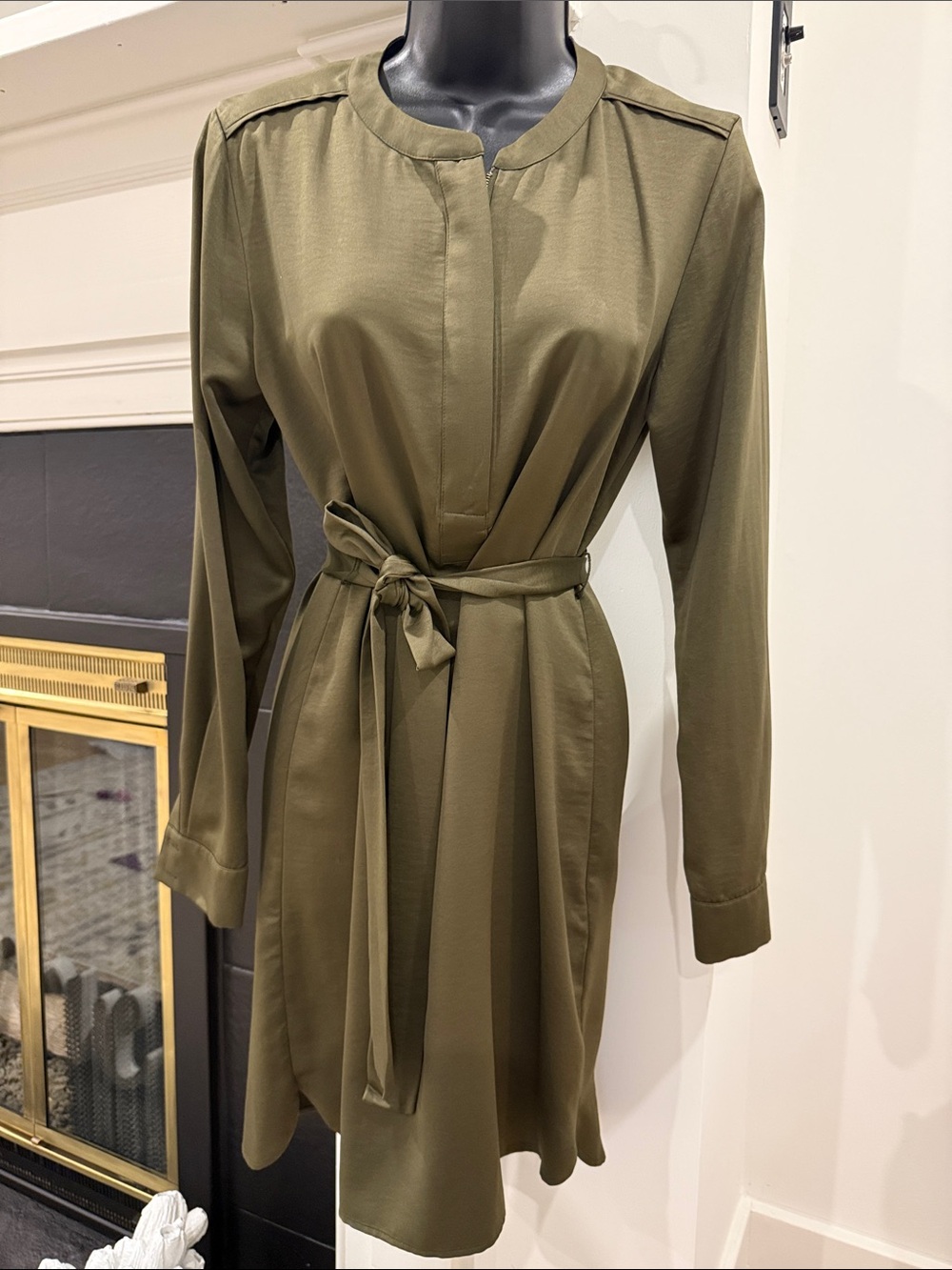 Banana Republic Olive Green Long-Sleeve Tie-Waist Shirt Dress